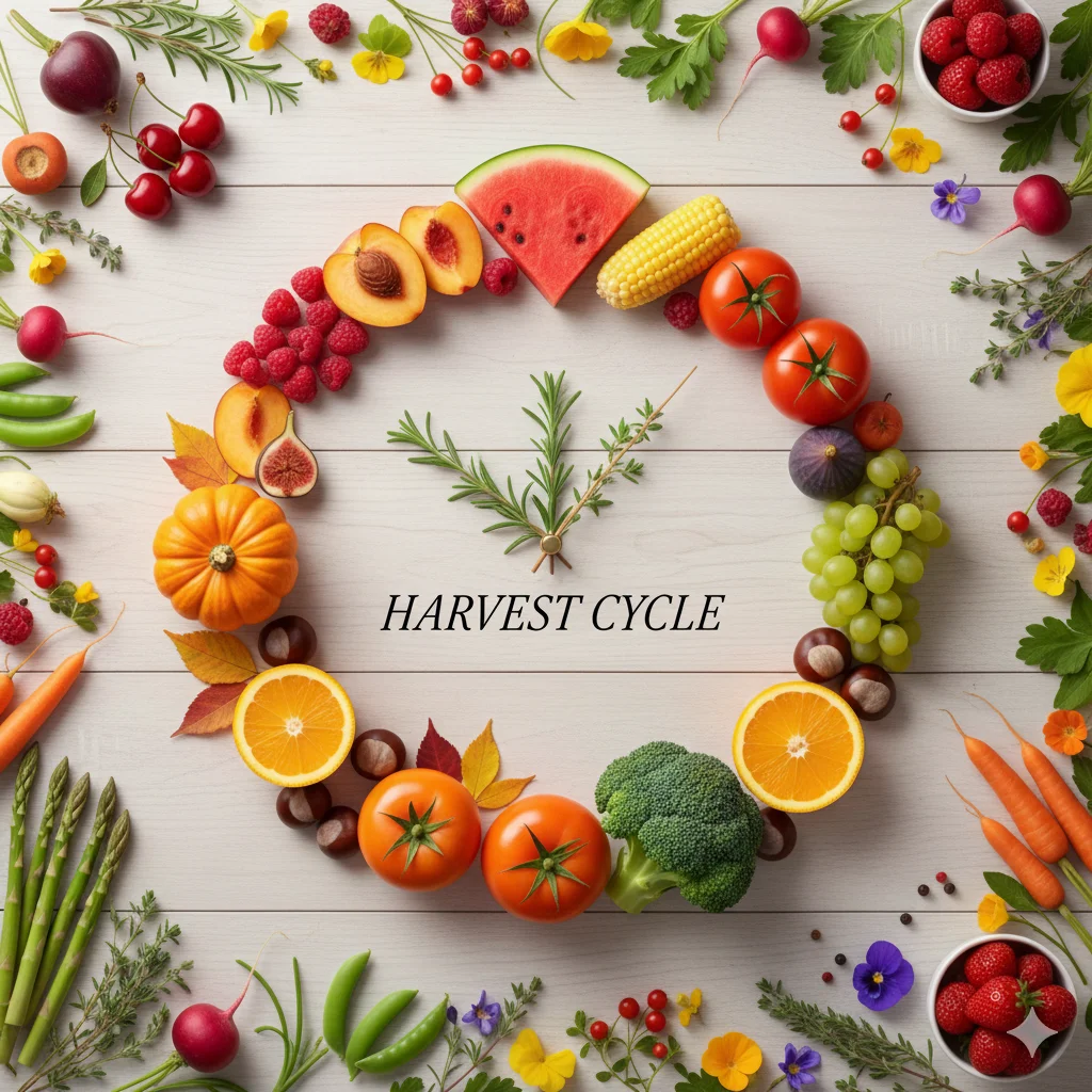 A clock of fruits and vegetables representing a seasonal produce sourcing guide.