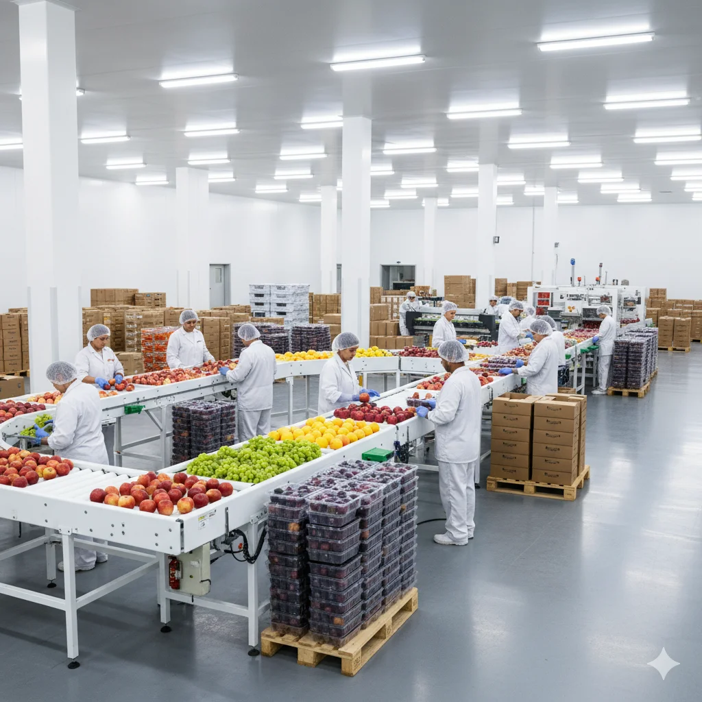 clean fruit packing facility with conveyor belts and workers