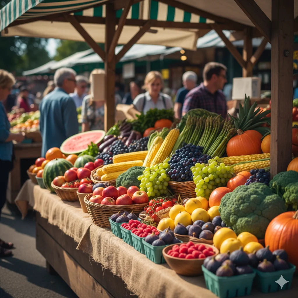A market display of peak-season produce sourced using a seasonal guide.