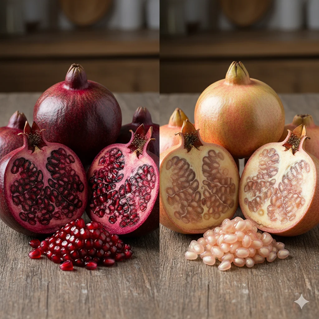 A side-by-side comparison image of two different pomegranate varieties
