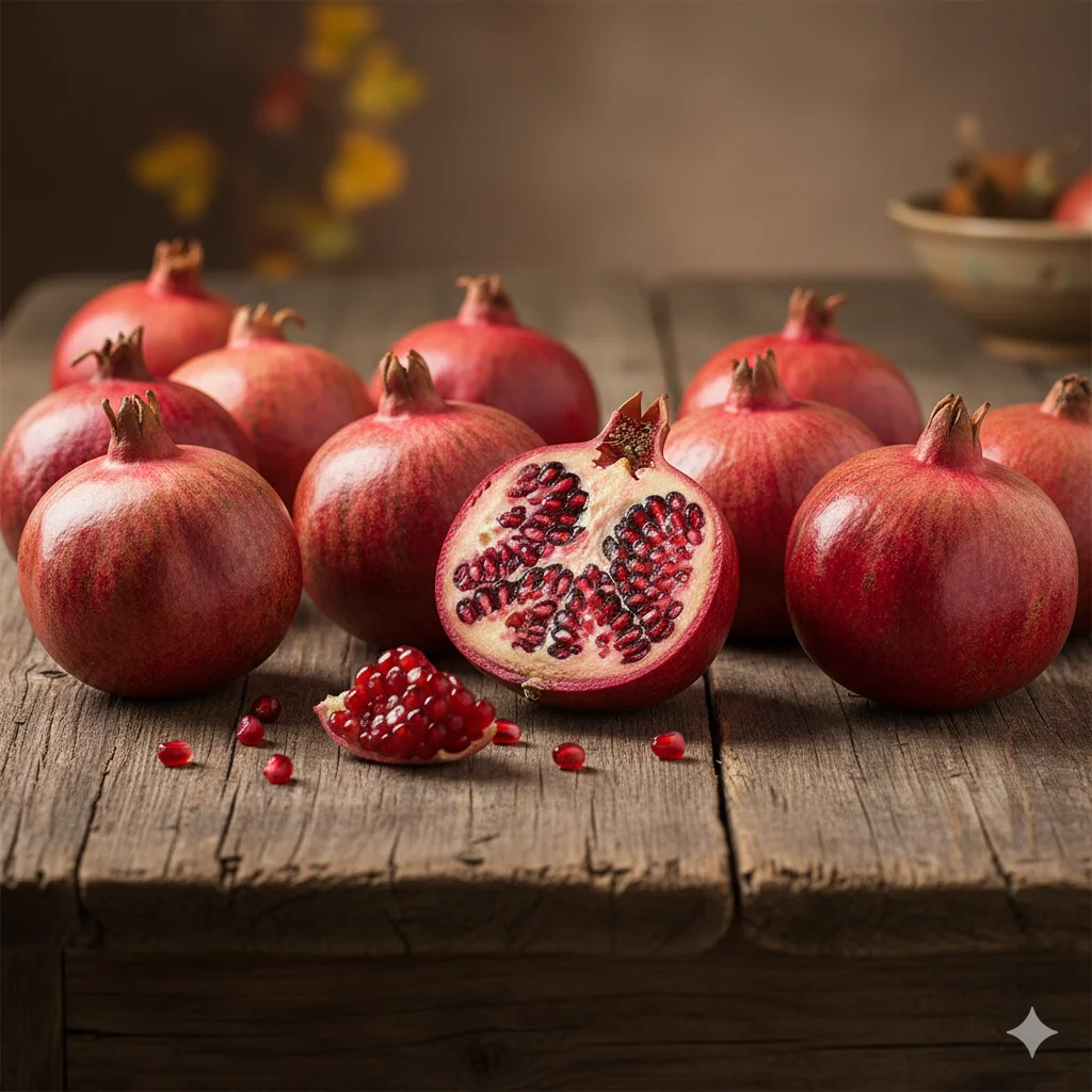 wide shot of whole pomegranates